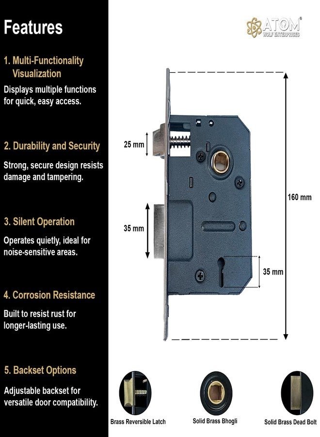 Atom Heavy Duty Mortise Door Lock for Bedroom, Living Room, Main Door, Brass Antique Finish | 3 Keys | 6 Lever Double Stage Lockset for House Hotel Office(O49KY) - Image 5